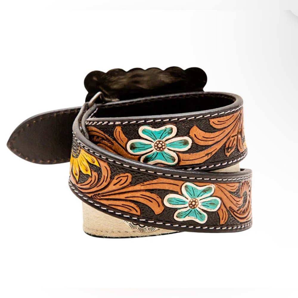 NWT Myra Western Hand Tooled Leather Belt w/ Hair On Hide & Turquoise Accents - Picture 2 of 15